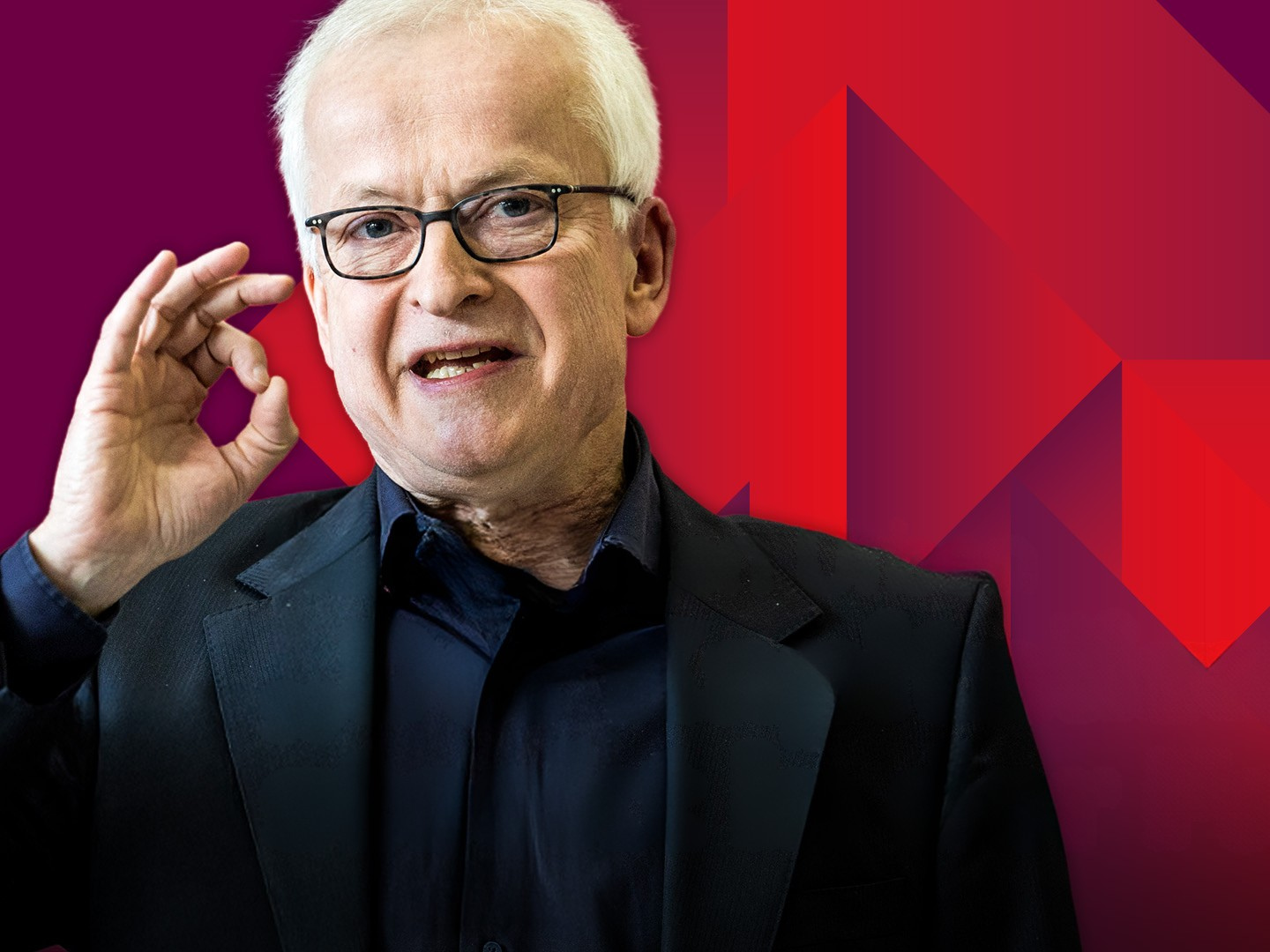 Keynote-Urban Hans-Jürgen Urban mit erhobener Handgeste und dunklem Sakko vor grafischem rot-violettem Hintergrund